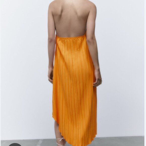 ZARA ORANGE PLEATED HALTER LOW BACK ASYMMETRIC MIDI DRESS Medium - Picture 3 of 12